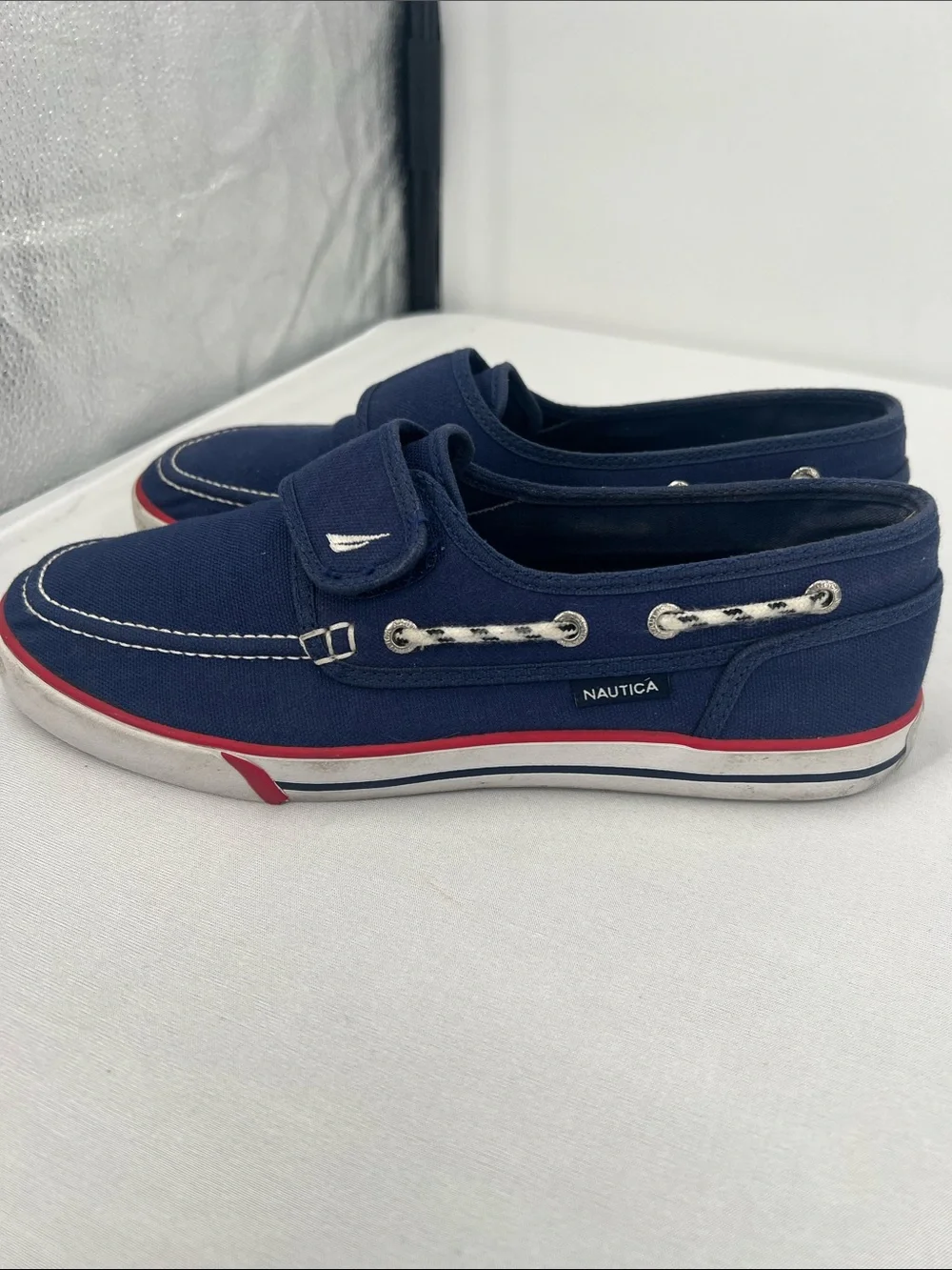 Nautica Navy Canvas Slip-On Boat Shoes with Red Accent